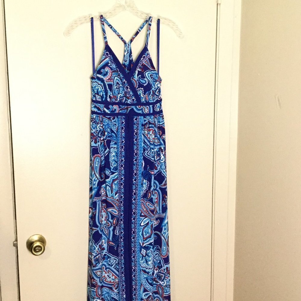 INC Blue & Red Paisley Embellished Boho Maxi Dress